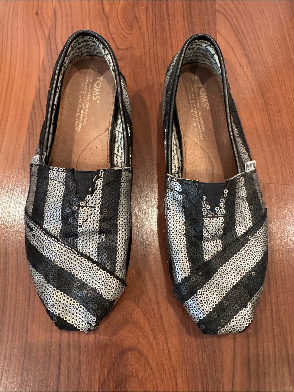 TOMS Black & Silver Striped Sequin Slip-Ons size 8